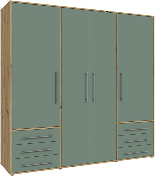 Forte MOKKARIS Kleiderschrank 200 210, 4-türig, 6 Schubladen, Einglegeböden, Kleiderstange, Holzwerkstoff, Salbei/Artisan Eiche Holzdekor, 205,9 cm breit x 200 cm hoch x 53 cm tief Bild 3