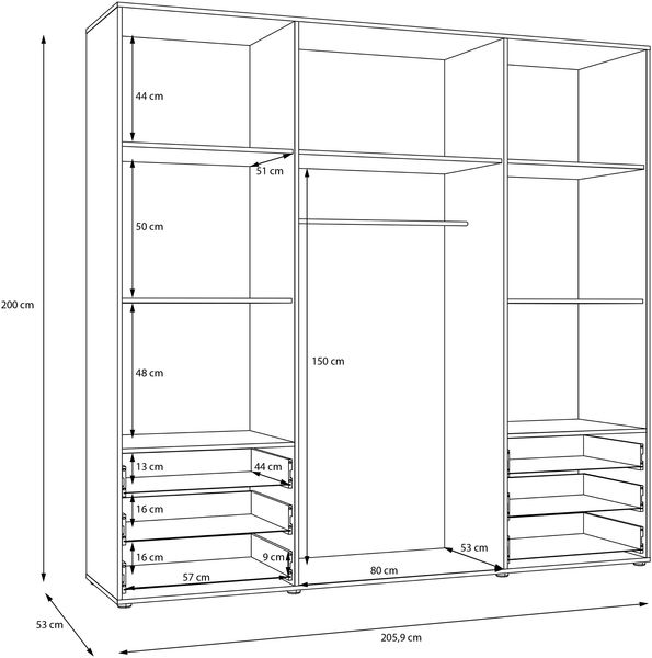 Forte MOKKARIS Kleiderschrank 200 210, 4-türig, 6 Schubladen, Einglegeböden, Kleiderstange, Holzwerkstoff, Salbei/Artisan Eiche Holzdekor, 205,9 cm breit x 200 cm hoch x 53 cm tief Bild 7