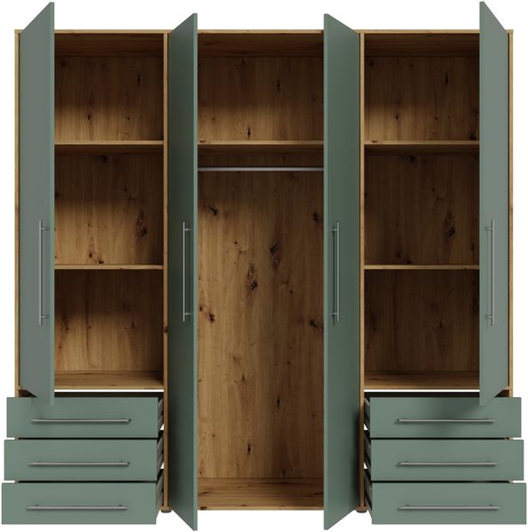 Forte MOKKARIS Kleiderschrank 200 210, 4-türig, 6 Schubladen, Einglegeböden, Kleiderstange, Holzwerkstoff, Salbei/Artisan Eiche Holzdekor, 205,9 cm breit x 200 cm hoch x 53 cm tief Bild 4