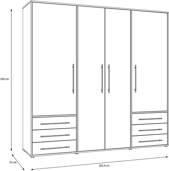 Forte MOKKARIS Kleiderschrank 200 210, 4-türig, 6 Schubladen, Einglegeböden, Kleiderstange, Holzwerkstoff, Salbei/Artisan Eiche Holzdekor, 205,9 cm breit x 200 cm hoch x 53 cm tief Bild 6