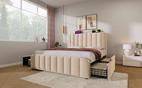 Polsterbett 160×200 cm mit 4 Schubladen, USB/Typ-C im Kopfteil, Leinen Beige