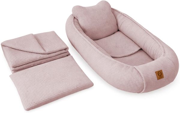Babynestchen Neugeborene – 5-teiliges Baby Set mit Babynest aus Waffelpique Baumwolle – Nestchen Baby für Babybett & Kinderbett – Babykokon Tragbar – OEKO-TEX zertifiziert – Zubehör Babybett - Pink