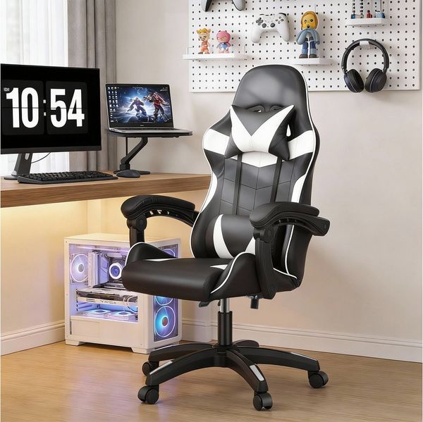 oyajia Gaming-Stuhl Gaming Stuhl, Bürostuhl Ergonomisch Wippfunktion bis zu 135° (mit Kopfstütze und Lendenkissen), Rückenlehne und Sitzfläche kippbar,Gamingstuhl mit Höhenverstellung