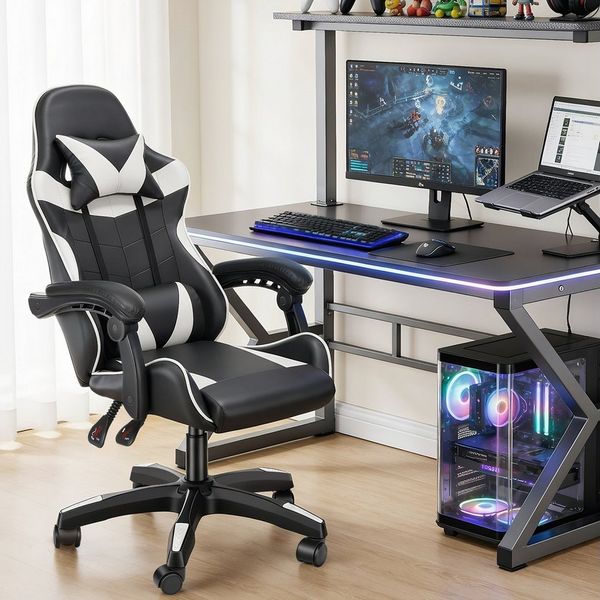 oyajia Gaming-Stuhl Gaming Stuhl, Bürostuhl Ergonomisch Wippfunktion bis zu 135° (mit Kopfstütze und Lendenkissen), Rückenlehne und Sitzfläche kippbar,Gamingstuhl mit Höhenverstellung