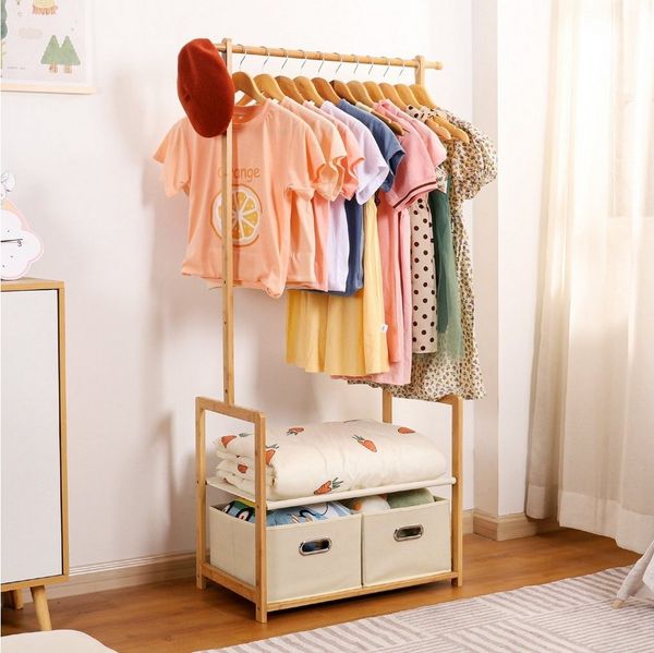 Yorbay Kleiderständer Kinder Kleiderständer aus Bambus, 74 x 35 x 140cm, Kinderregal, (Mit 2 Boxen, Kleiderstange, Kinder offnene Kleiderschrank), Garderobenständer für Kinder, Kinderzimmer und Schlafzimmer