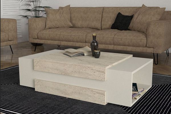 ibonto Couchtisch 110 x 31 x 60,6 cm Beige Grau mit Stauraum (H 60.6 x T 31 x B 110 cm)
