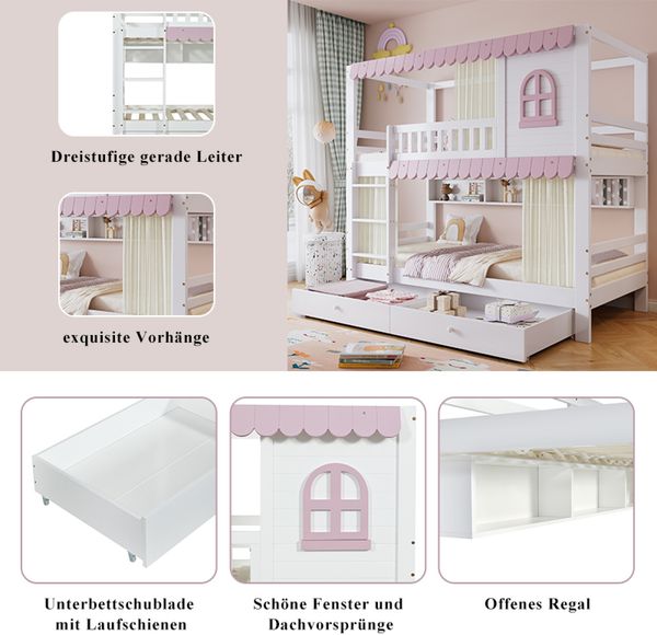 Merax Etagenbett 90x200cm mit 2 Schubladen, Kinderbett Hausbett mit Regal, Hochbett mit Lattenrost und Leiter, Stockbett Holzbett, Weiß+Rosa Bild 6