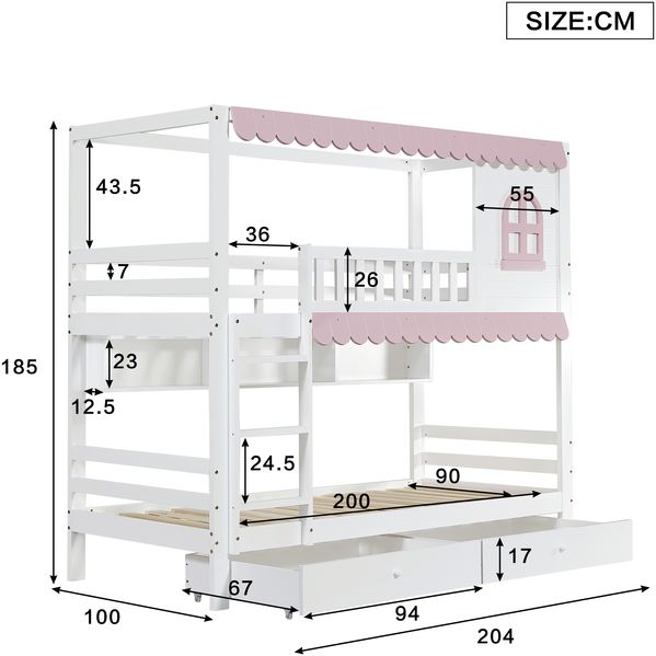 Merax Etagenbett 90x200cm mit 2 Schubladen, Kinderbett Hausbett mit Regal, Hochbett mit Lattenrost und Leiter, Stockbett Holzbett, Weiß+Rosa Bild 4
