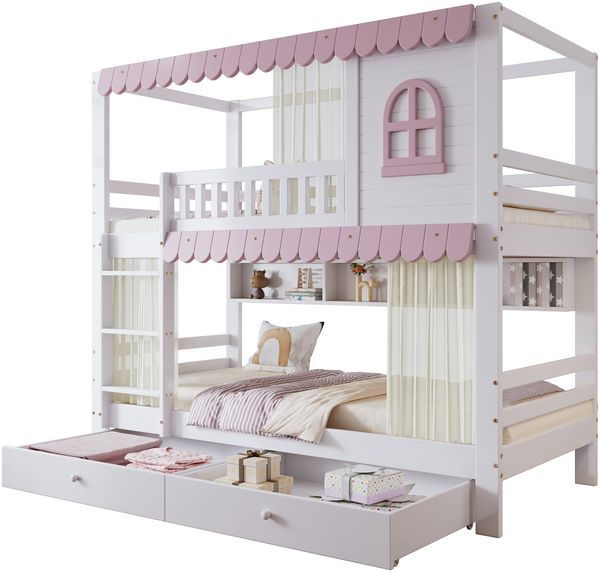Merax Etagenbett 90x200cm mit 2 Schubladen, Kinderbett Hausbett mit Regal, Hochbett mit Lattenrost und Leiter, Stockbett Holzbett, Weiß+Rosa Bild 10