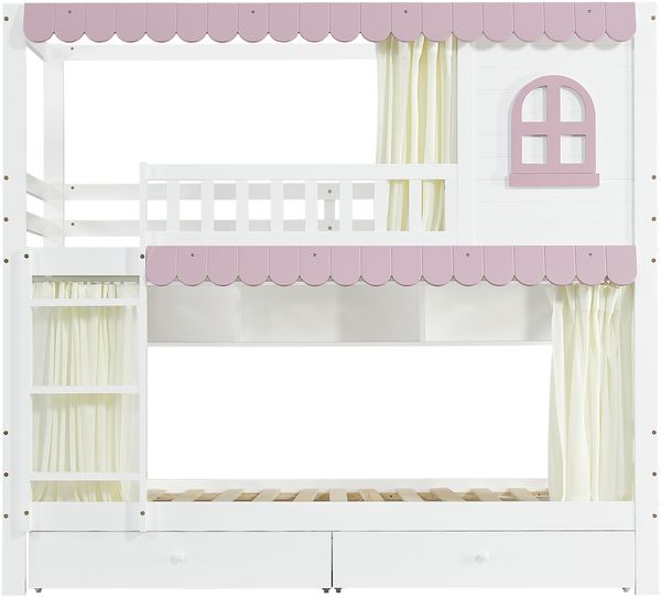 Merax Etagenbett 90x200cm mit 2 Schubladen, Kinderbett Hausbett mit Regal, Hochbett mit Lattenrost und Leiter, Stockbett Holzbett, Weiß+Rosa Bild 9