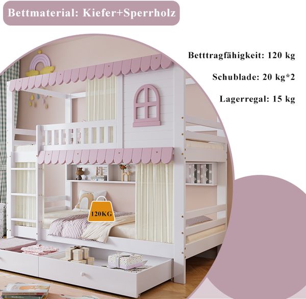 Merax Etagenbett 90x200cm mit 2 Schubladen, Kinderbett Hausbett mit Regal, Hochbett mit Lattenrost und Leiter, Stockbett Holzbett, Weiß+Rosa Bild 7