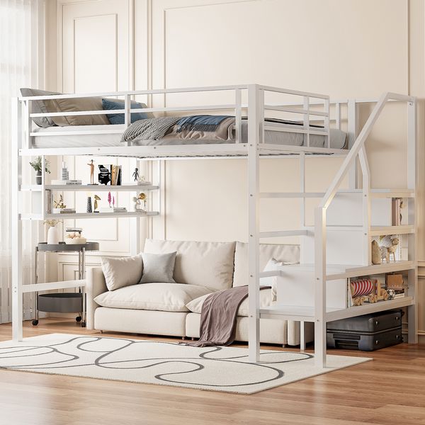 Hochbett, 140*200cm , Einlegeböden, Stauraumleiter, Freiraum unter dem Bett zum Verkleiden, Geländer, ohne Matratze, Weiß