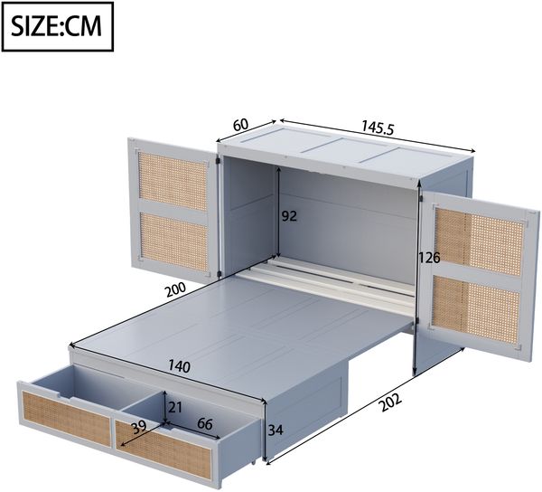 Schrankbett 140 x 200 cm, Wandbett mit Lattenrost, Wandklappbett, Vertikales schrankbett mit Lattenrost, mit Stauraumschubladen, Rattan-Design, Holzbetten, Jugendbetten, Einzelbetten, Grau Bild 6