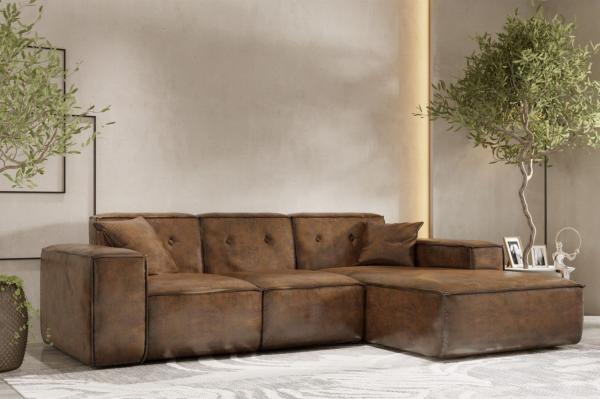 Ecksofa Designersofa CESINA Stoff Gobi (Vintage Look) Braun Ottomane Rechts