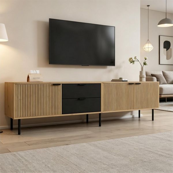 Merax Lowboard mit 3 Schränken & 2 Schubladen, TV-Bank in Schwarz/Holzoptik (208 x 40 x 48 cm, 1 St), TV-Schrank mit Soft-Close & Kabelmanagement, TV-Lowboard bis 85 Zoll