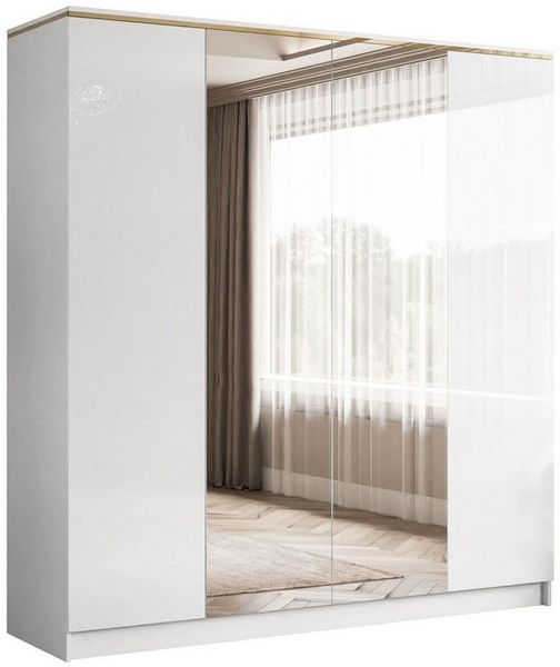 Lookway Kleiderschrank AURORA 4D in Hochglanz Weiß Drehtürenschrank mit Spiegel