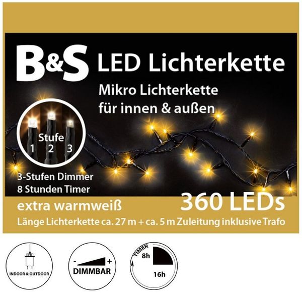 B&S LED-Lichterkette LED Lichterkette für Innen und Außen warm white mit Timer und Dimmer