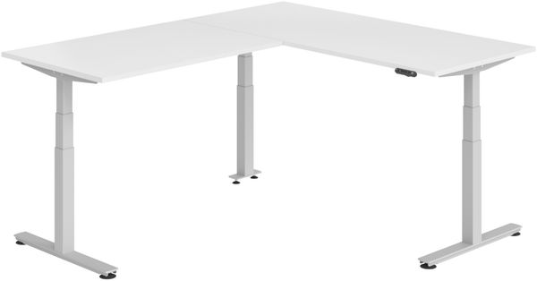 bümö Eckschreibtisch elektrisch höhenverstellbar L-Form: 180 x 220 cm in weiß, Gestell silber - Stehschreibtisch mit Memory-Steuerung, elektrischer XXL Schreibtisch für die Ecke, XDSMW-1914-W-S