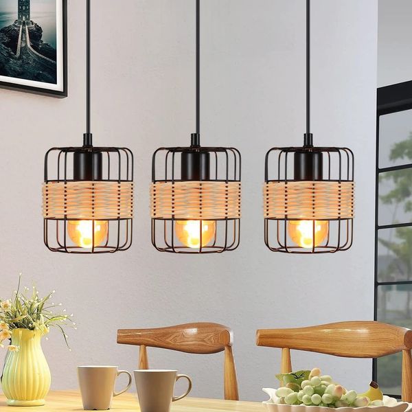 ZMH Pendelleuchte aus schwarzem Metall, Durchmesser 58 cm, E27, Vintage, Boho, rustikaler Bambus, Retro, mit 3 natürlichen Rattan-Glühbirnen für Wohnzimmer