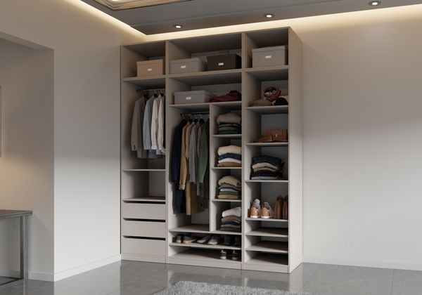 Marmex Möbel Tres Set-E/N Offen Mehrzweckschrank, Garderobenschrank mit Aufsatz, Begehbarer Kleiderschrank mit Regalen, Schubladen und Kleiderstangen, laminierte Spanplatte, graubeige cashmere 200 x 246 x 51 cm