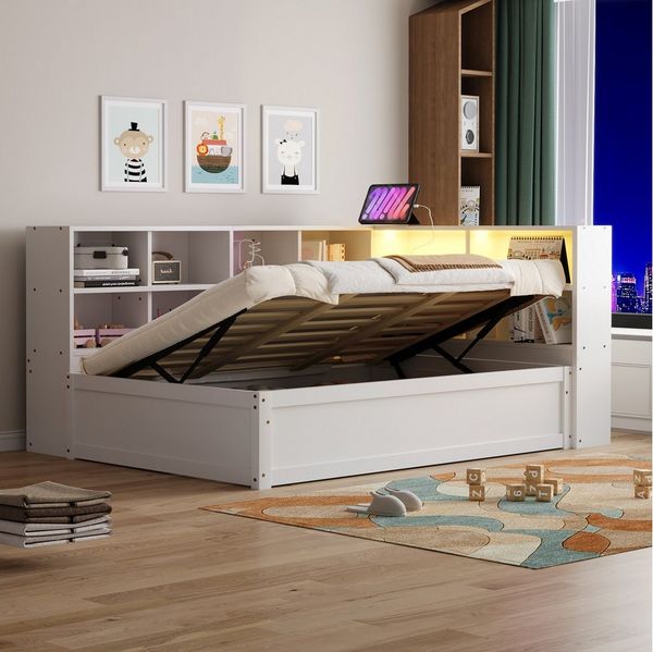 Merax Daybett mit LED und USB-Steckdose (Tagesbett Massivholz Kinderbett Jugendbett, 1 tlg), Schlafsofa 90x200 cm mit hydraulischem Stauraum und Ablagefächern