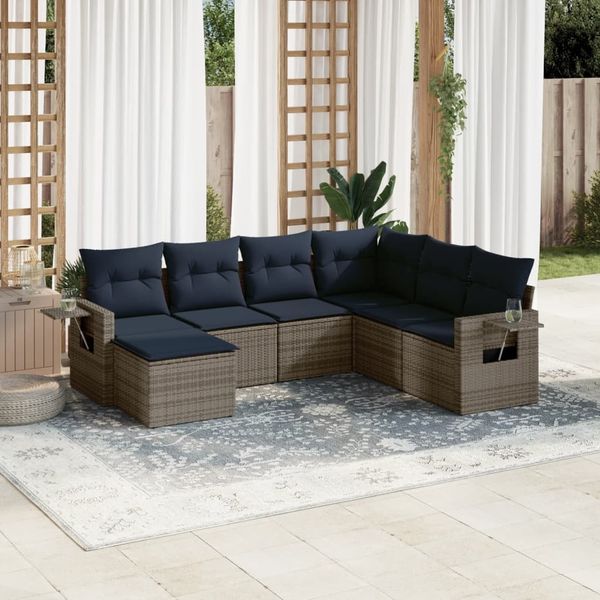 vidaXL 7-teiliges Gartensofa-Set mit Kissen, grau, Polyrattan 3220500