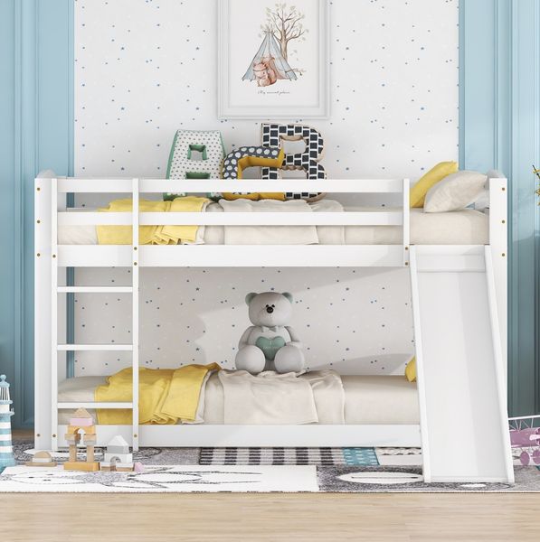 Bett 90x200 cm Etagenbett mit Rutsche aus Kiefernholz – platzsparendes, sicheres Kinderbett in Weiß