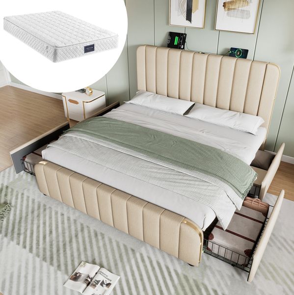 Polsterbett 140x200 cm mit Stauraum und USB- und Type-C-Anschlüssen – Leinenbezug mit goldenen Metallstreifen