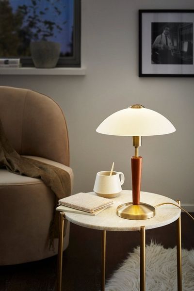 Eglo 87256 Tischleuchte SOLO 1 Stahl brüniert, Holz Nuss, Glas satiniert, weiss E14 max. 1X40W H:35cm Ø26cm mit Touchdimmer