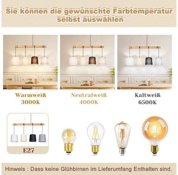 Nettlife Pendelleuchte Holz Esszimmer 4 Flammig Weiß Vintage E27 Hängeleuchte Rustikal Stoff, Höhenverstellbar, LED wechselbar, Wohnzimmer Küche Restaurant Schlafzimmer Flur