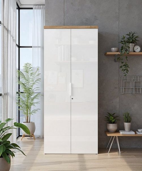 Home affaire Aktenschrank Easy B/H 81/193 cm, Büroschrank, Mehrzweckschrank mit 2 Türen abschließbar, 4 Böden, Metallgriffe, Top 38 mm stark