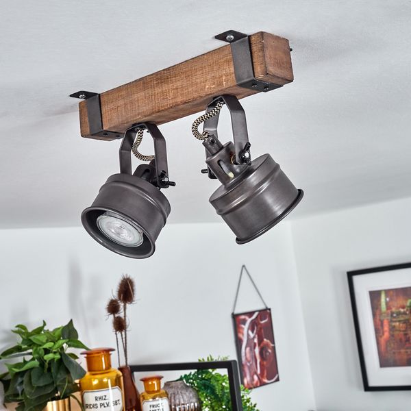 hofstein Deckenleuchte »Villanuova« Deckenlampe aus Metall/Holz in Schwarz/Braun, ohne Leuchtmittel, Retro-Leuchte mit Holzbalken, verstellbare Strahler, 2xGU10