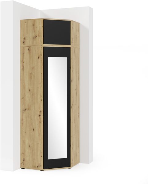 Eckschrank Modulo, Kleiderschrank mit Spiegel und Schrankaufsatz, Artisan/Schwarz Matt, 225 x 70 x 70 cm