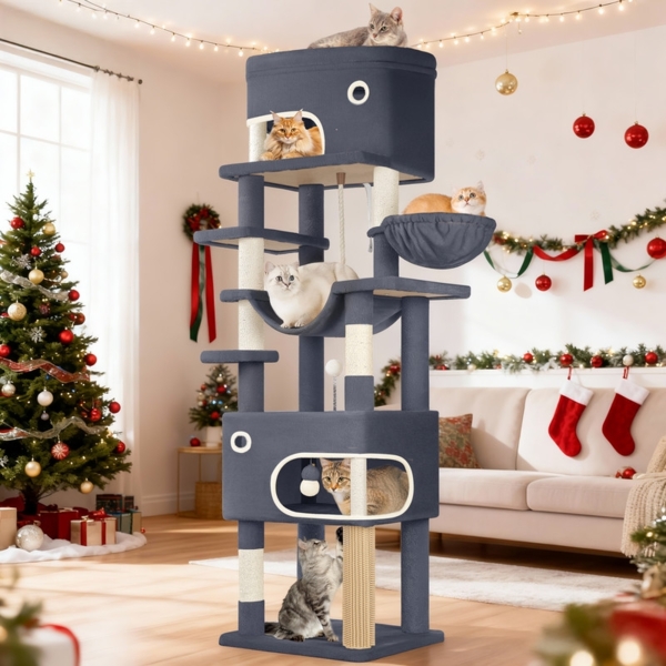 Kratzbaum, 203 cm Katzenbaum mit großer Plattform, 2 Höhlen, 7 Kratzsäulen, Pompons, Liegemulden, Hängematte, Geeignet für alle Katzenrassen, Dunkelgrau