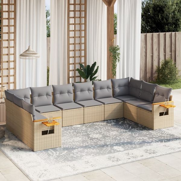 vidaXL 10-tlg. Garten-Sofagarnitur mit Kissen Beige Poly Rattan 3227165