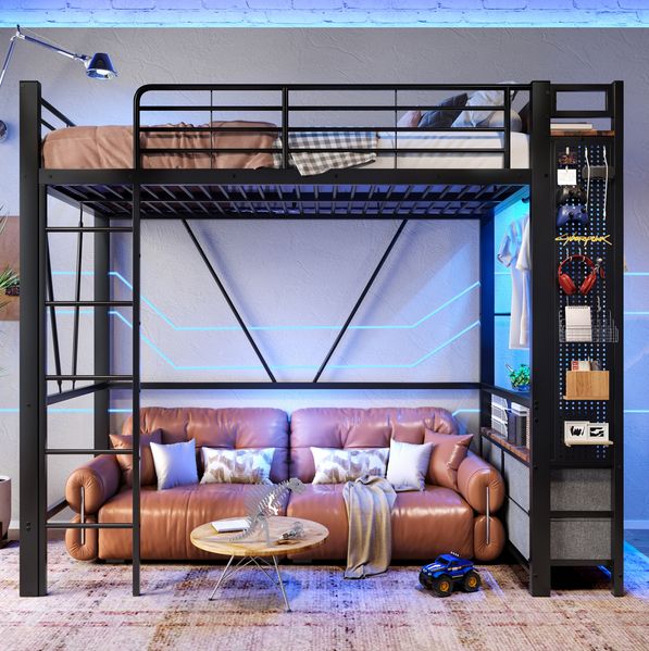 Hochbett mit Schubladen, LED, USB/Steckdose & Lochbrett, 90x200 cm, ohne Matratze, schwarz