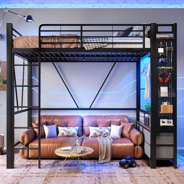 Hochbett mit Schubladen, LED, USB/Steckdose & Lochbrett, 90x200 cm, ohne Matratze, schwarz