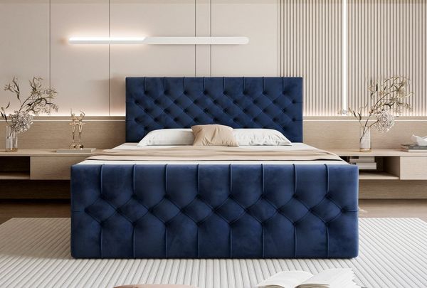 Goldstoff Boxspringbett TAURIEL mit Federkernmatratze & Topper, zwei Bettkästen (von 120 bis 200x200 cm), modernes Doppelbett aus Velvet Stoff mit edlem Kopfteil