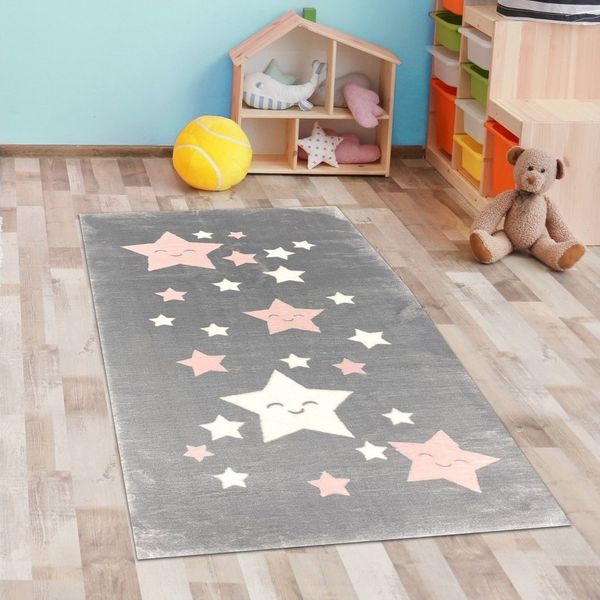 Carpetia Kinderteppich Teppich Mädchen Sterne flauschig in anthrazit, rosa weiß, rechteckig