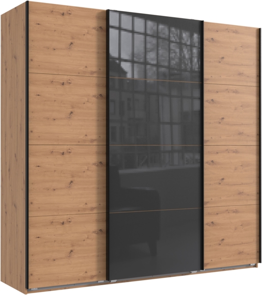 Schwebetürenschrank Kleiderschrank B225 cm extra H236 cm 3-trg. Eichendekor, 1x Tür Glas Grau