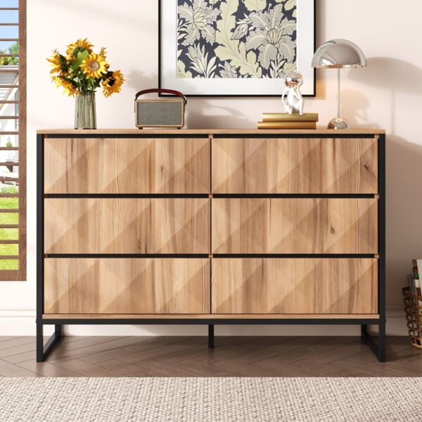 Sideboard, Holzdekor/Schwarz mit 6 Schubladen & Metallgestell, 120x40x80 cm, Schwarz/Natur