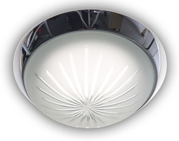 Deckenleuchte rund, Schliffglas Weiß, Dekorring Chrom, Ø 35cm