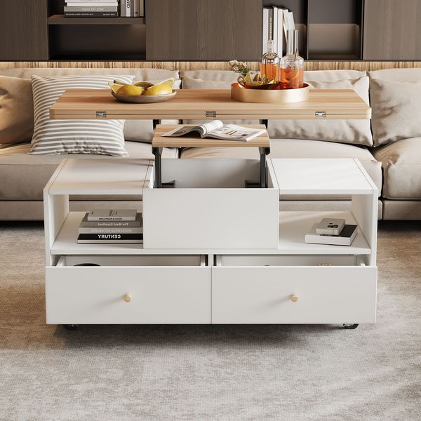 Höhenverstellbarer Couchtisch aus MDF mit 4 Schubladen, Klappfunktion & Rollen, 100x50x47,5-62 cm, Naturholz/Weiß