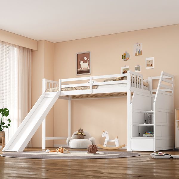 Merax Hochbett 90*200cm, Kinderbett, mit Rutsche, Ablageleiter, weiß