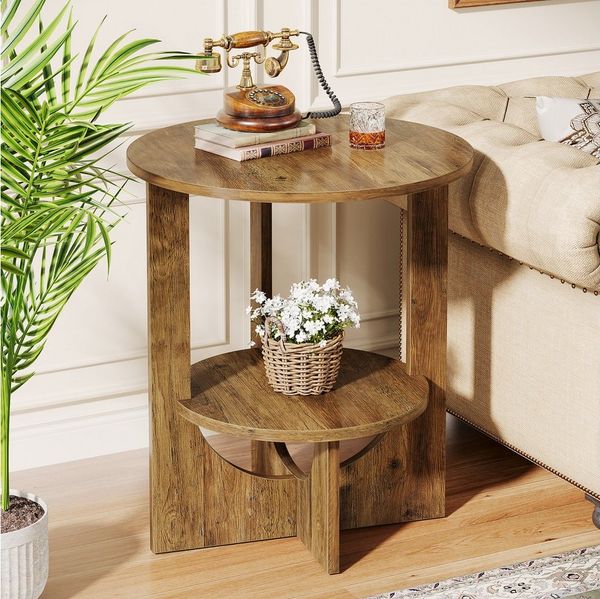 Tribesigns Konsolentisch Sofatisch Rund, 2-Tier Nachttisch für Wohnzimmer, 50 x 50 x 65 cm