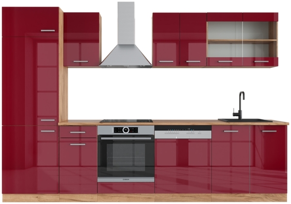 Küchenzeile R-Line Rot Hochglanz/Goldkraft Eiche 300 cm ohne Arbeitsplatte Vicco