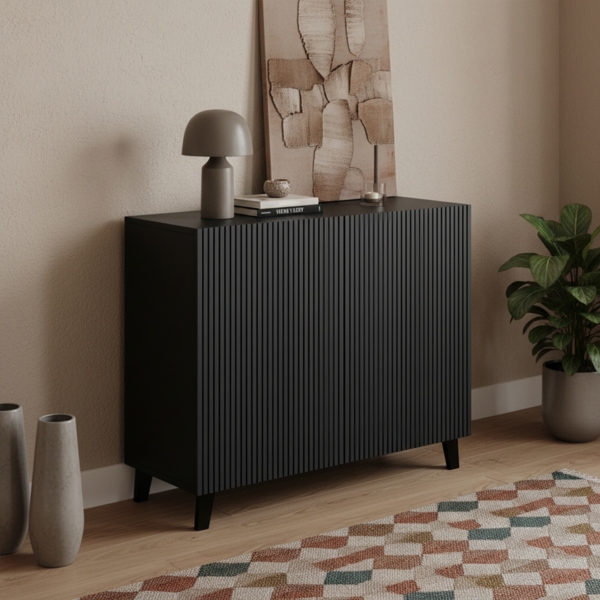 Bellamio 'Tana' Kommode, schwarz mit geriffelter Front, 85x40x92 cm, Sideboard mit 2 Türen und 4 Fächern