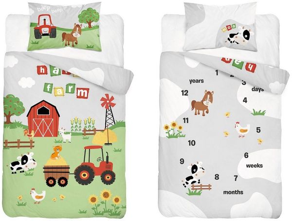 Häßler Homefashion Babybettwäsche Traktor blau Bauernhof 100% Baumwolle Größe: 100x135 cm, 40x60 cm, Baumwolle, 2 teilig