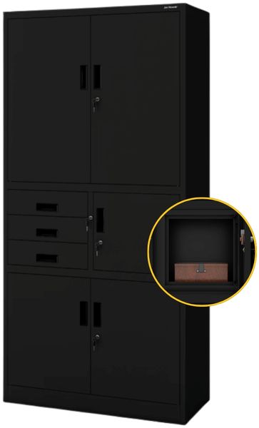 Aktenschrank abschließbar FILIP - mit Tresor & Schubladen| Büroschrank aus Stahl Metallschrank Werkstatt Mehrzweckschrank Werkzeugschrank, 185x90x40cm Schwarz