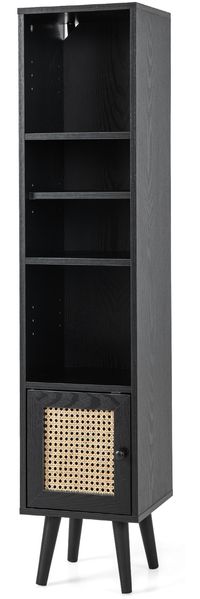Rattan Hochschrank Bücherregal mit 4 Ablagen & Rattantür Kommode Boho Style Schwarz